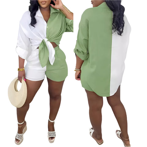 Color Matching Casual Long Sleeve Shirt Shorts Suit